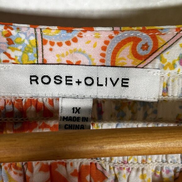Rose + Olive Top Size 1x Patchwork Print V-Neck Floral Paisley Blouse Boho - Picture 5 of 9